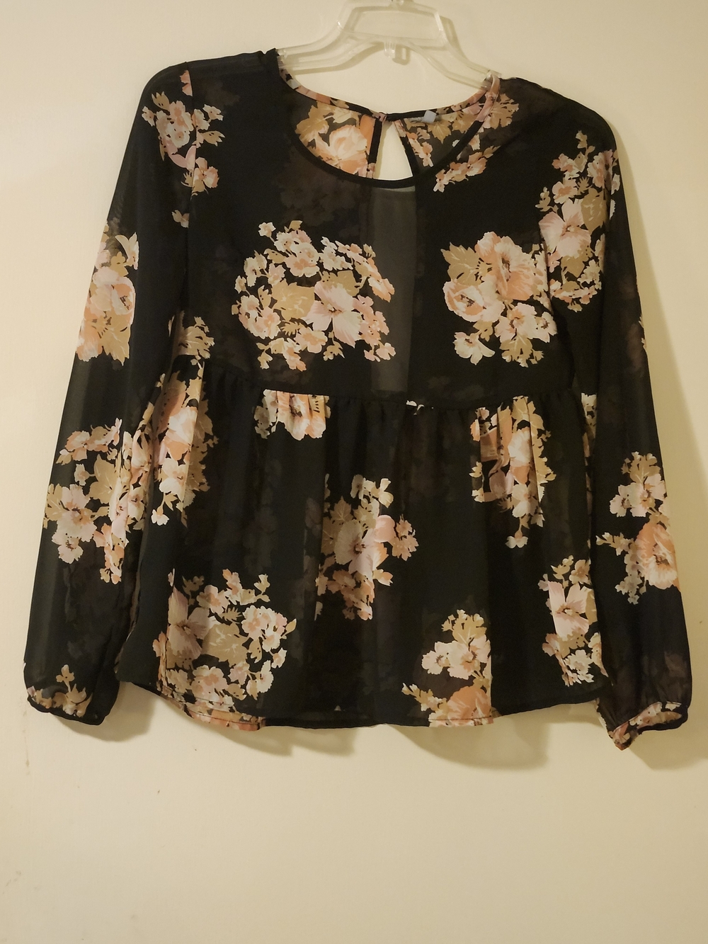 Charlotte Russe Romantic Boho Black Floral Sheer Chiffon Peplum Blouse M